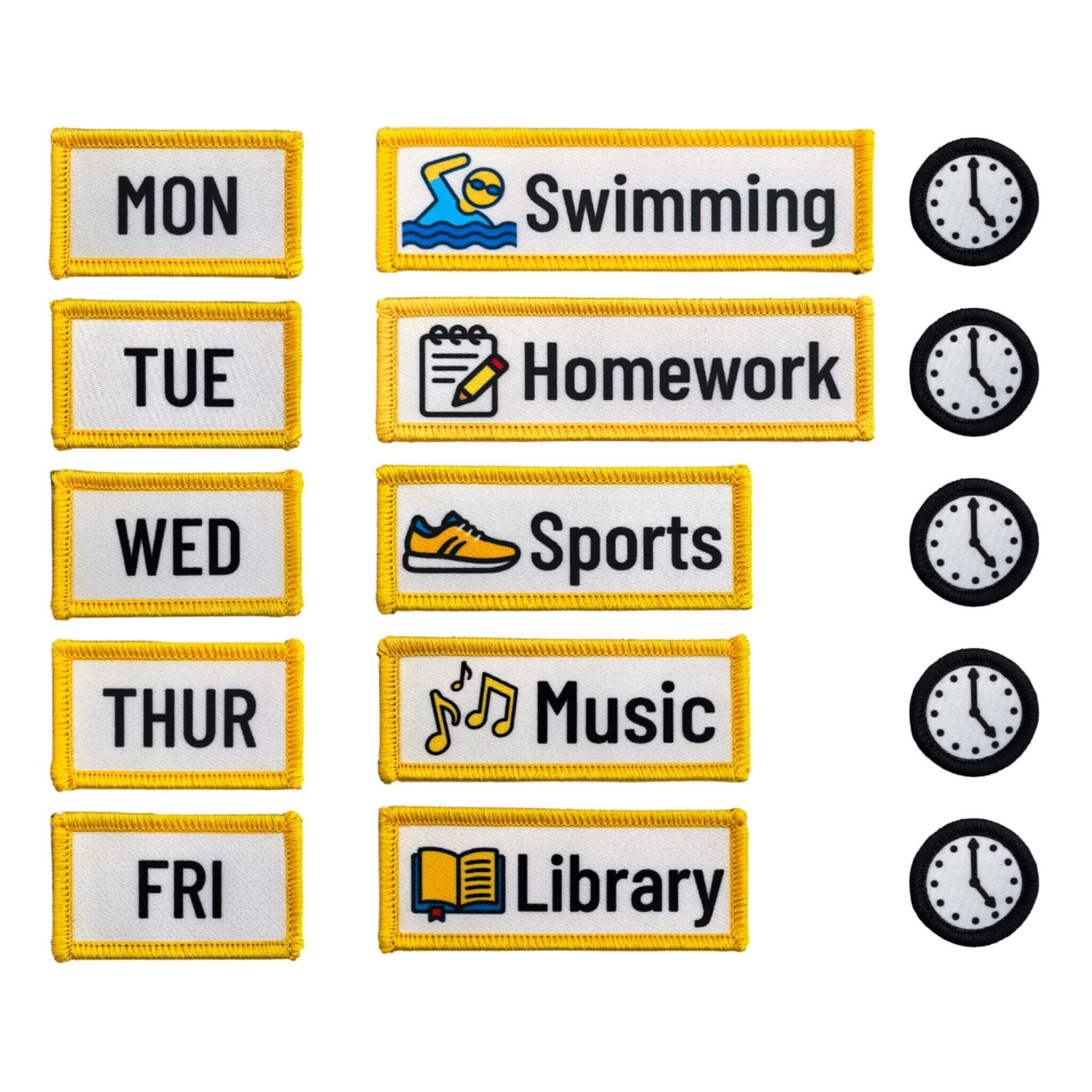 Set of patches with days of the week and activities on a white background