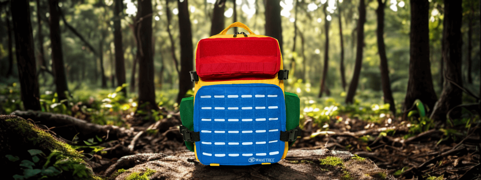 Colourful backpack placed on a rock in the forest