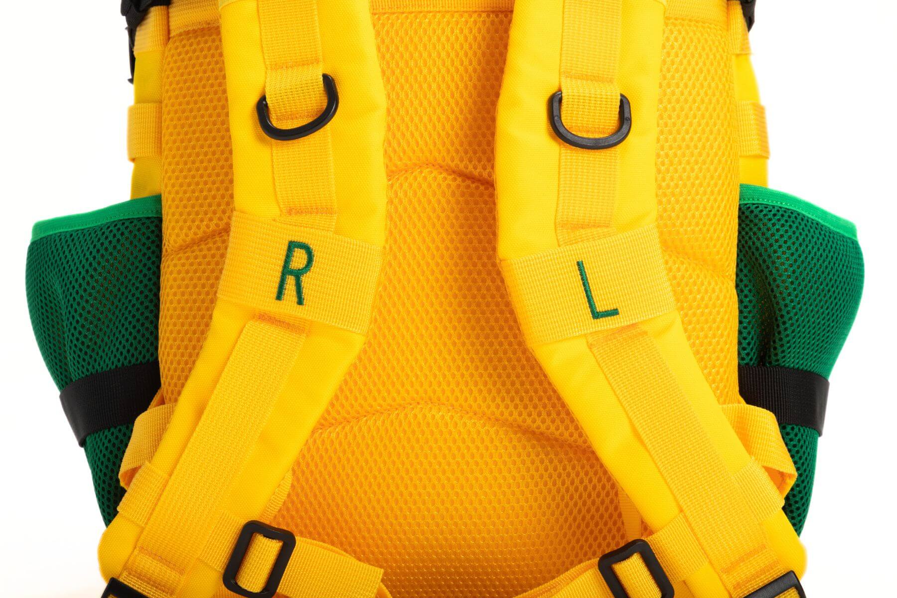 Yellow backpack Right and Left stitched on the shoulder straps