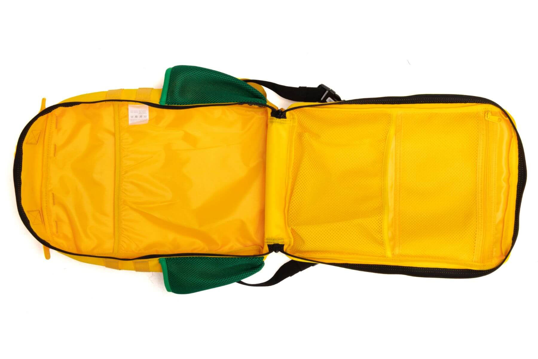 Wavetree yellow backpack fully open to 180 degrees