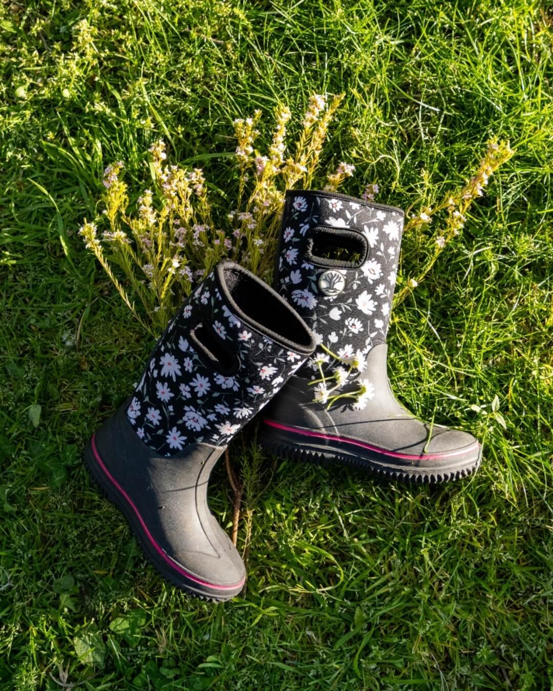 Wavetree Boots with Daisy pattern on grass with flowers