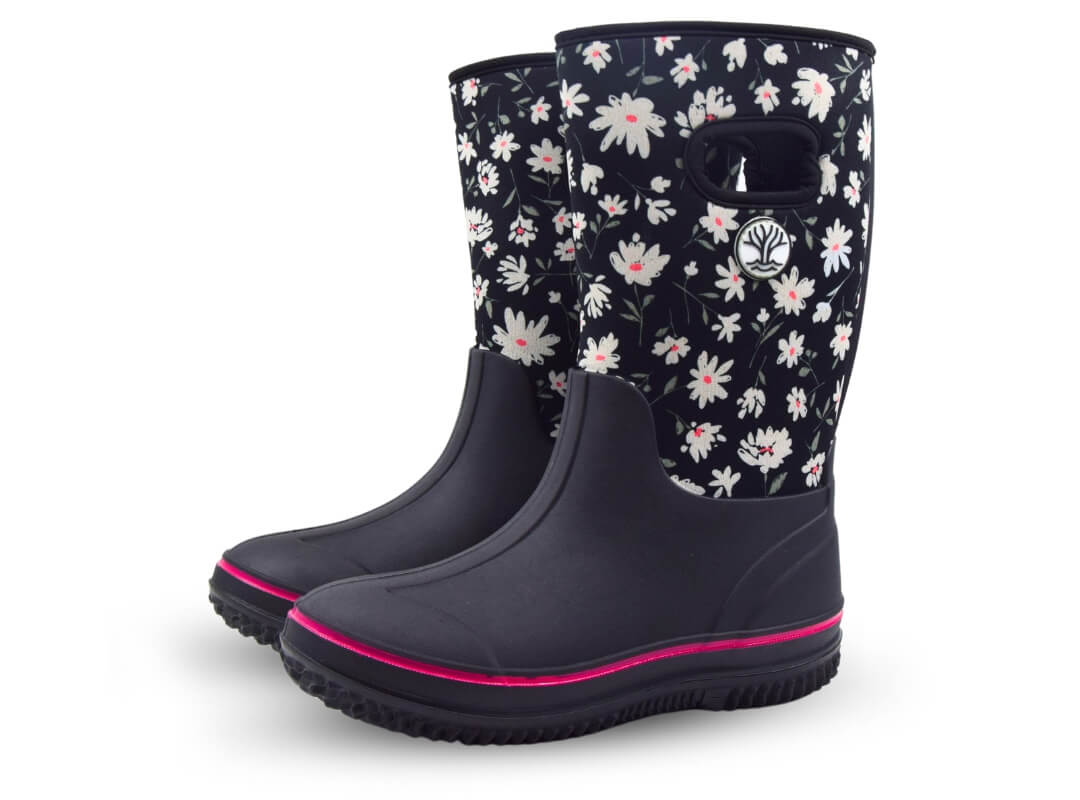 Daisy pattern rain boot gumboots with pink stripe
