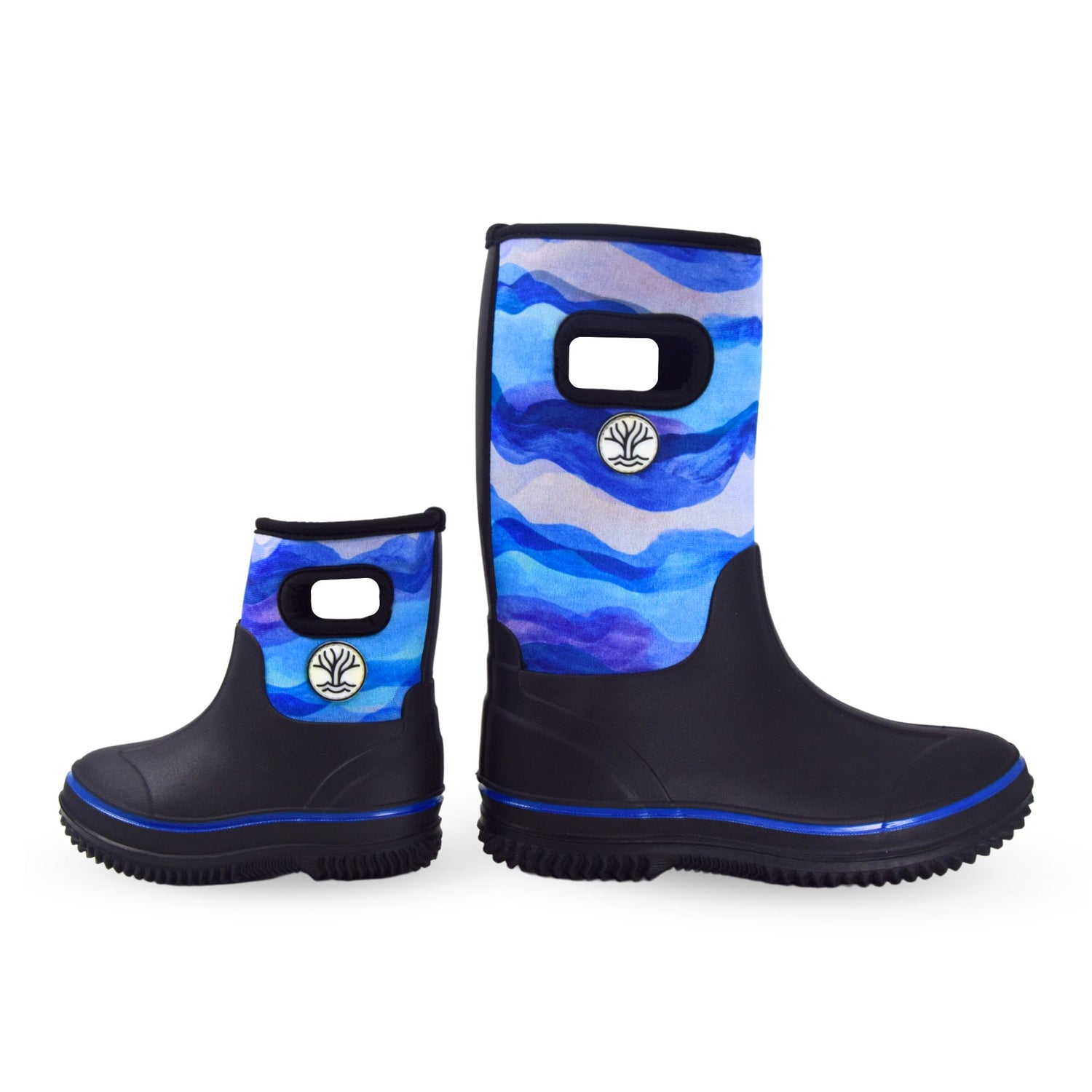 Wavetree Gumboot made of neoprene with blue wave design. Pair of waterproof rain boots.