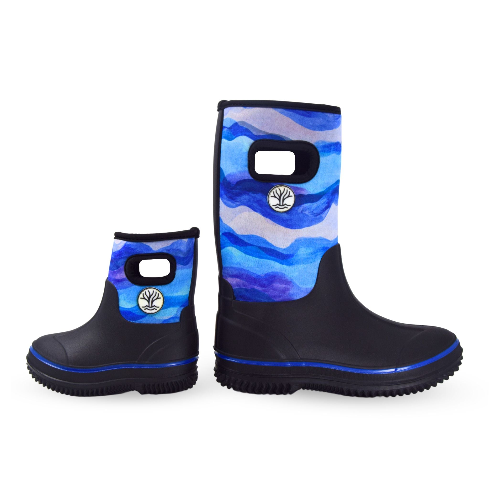 Wavetree Gumboot made of neoprene with blue wave design. Pair of waterproof rain boots.