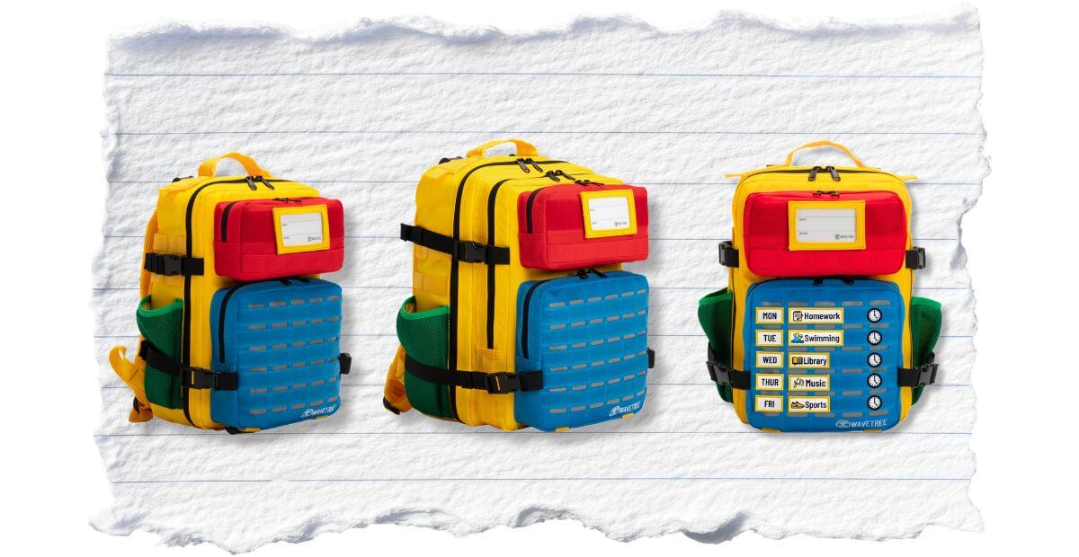 Three views of the Wavetree Bright Pack kids backpack in yellow, with blue patch panel and Activity Patches displayed on the front.