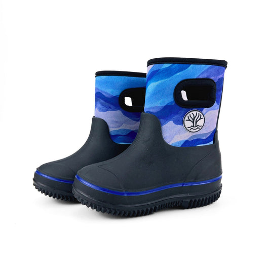 Gumboot made of neoprene with blue wave design. Pair of waterproof rain boots.