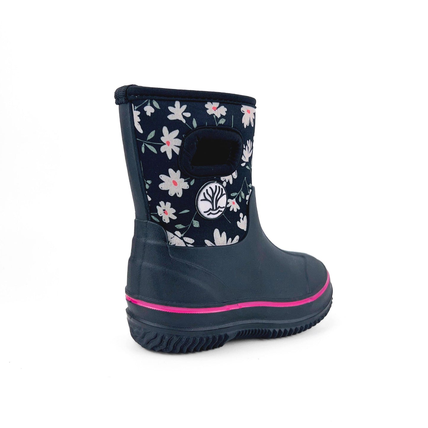 Gumboot made of neoprene with daisy design and pink highlight. Waterproof rain boots.