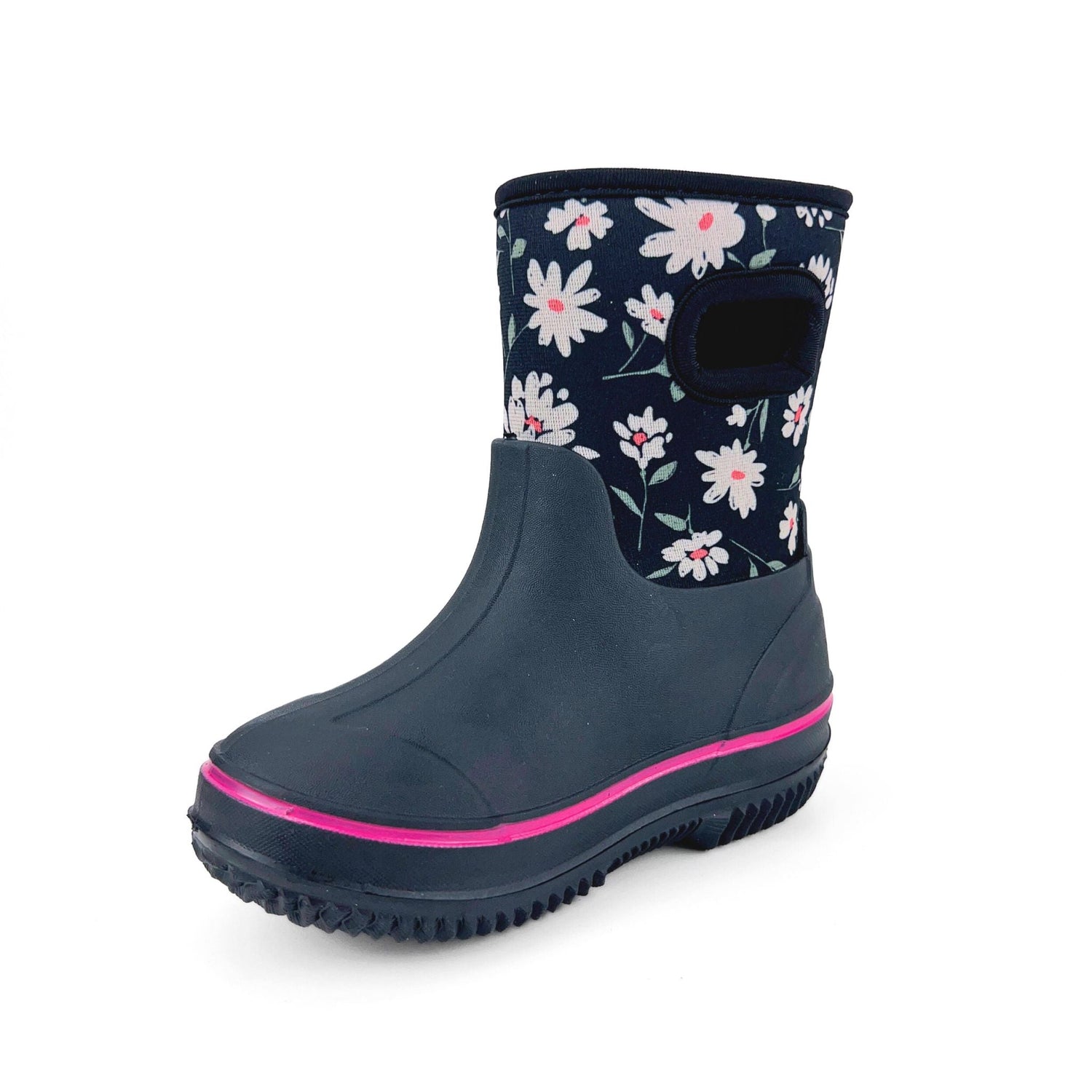 Gumboot made of neoprene with daisy design and pink highlight. Waterproof rain boots.