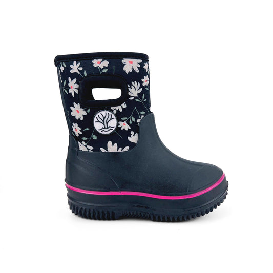 Gumboot made of neoprene with daisy design and pink highlight. Waterproof rain boots.