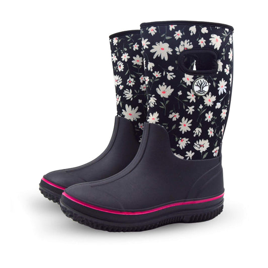 Wavetree Gumboot made of neoprene with daisy design. Pair of waterproof rain boots.