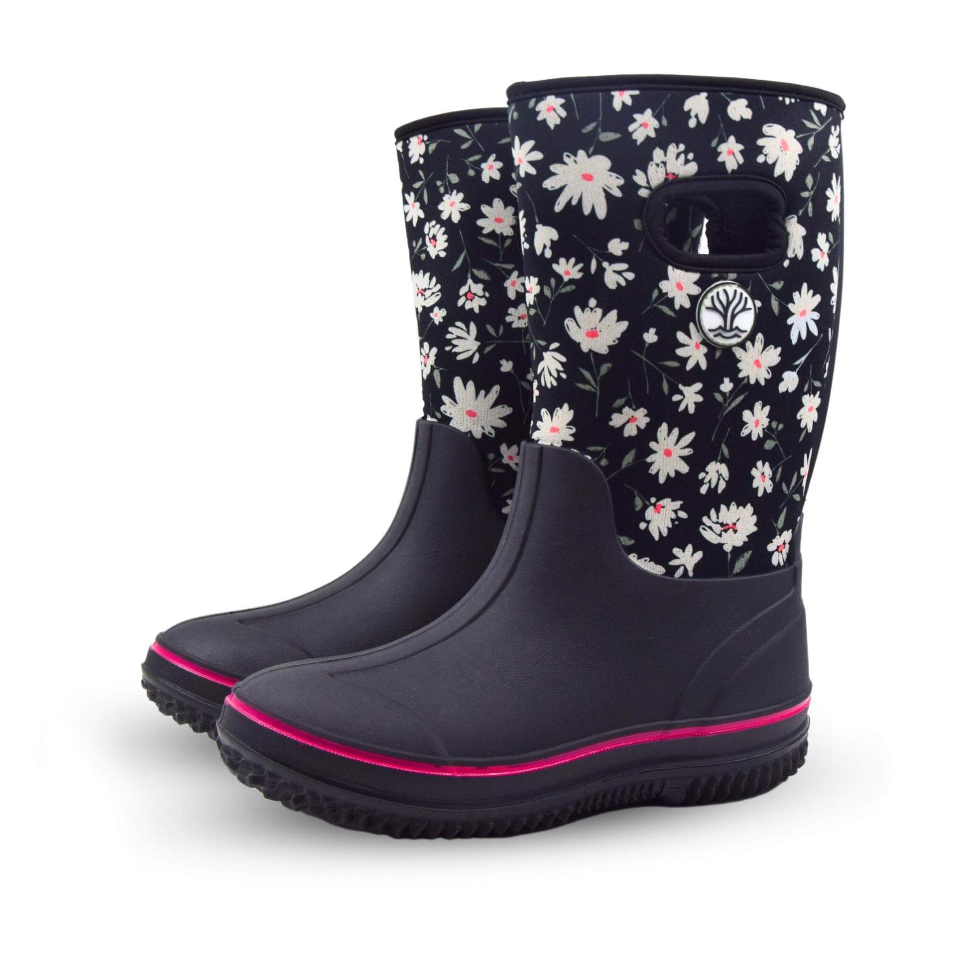 Wavetree Gumboot made of neoprene with daisy design. Pair of waterproof rain boots.