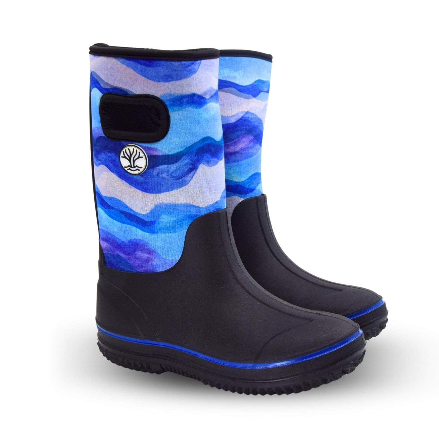 Wavetree Gumboot made of neoprene with blue wave design. Pair of waterproof rain boots.