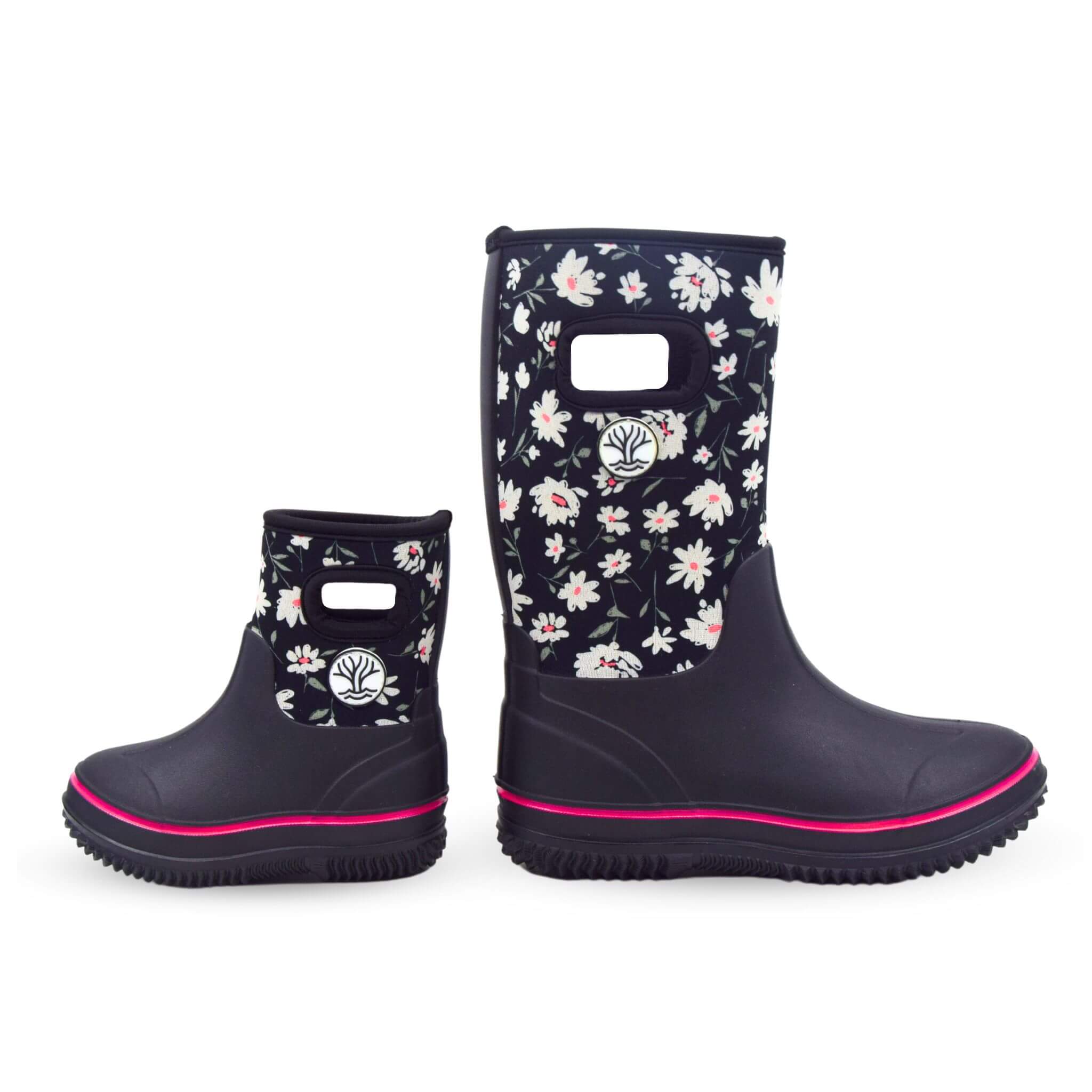 Wavetree Gumboot made of neoprene with daisy design. Pair of waterproof rain boots.