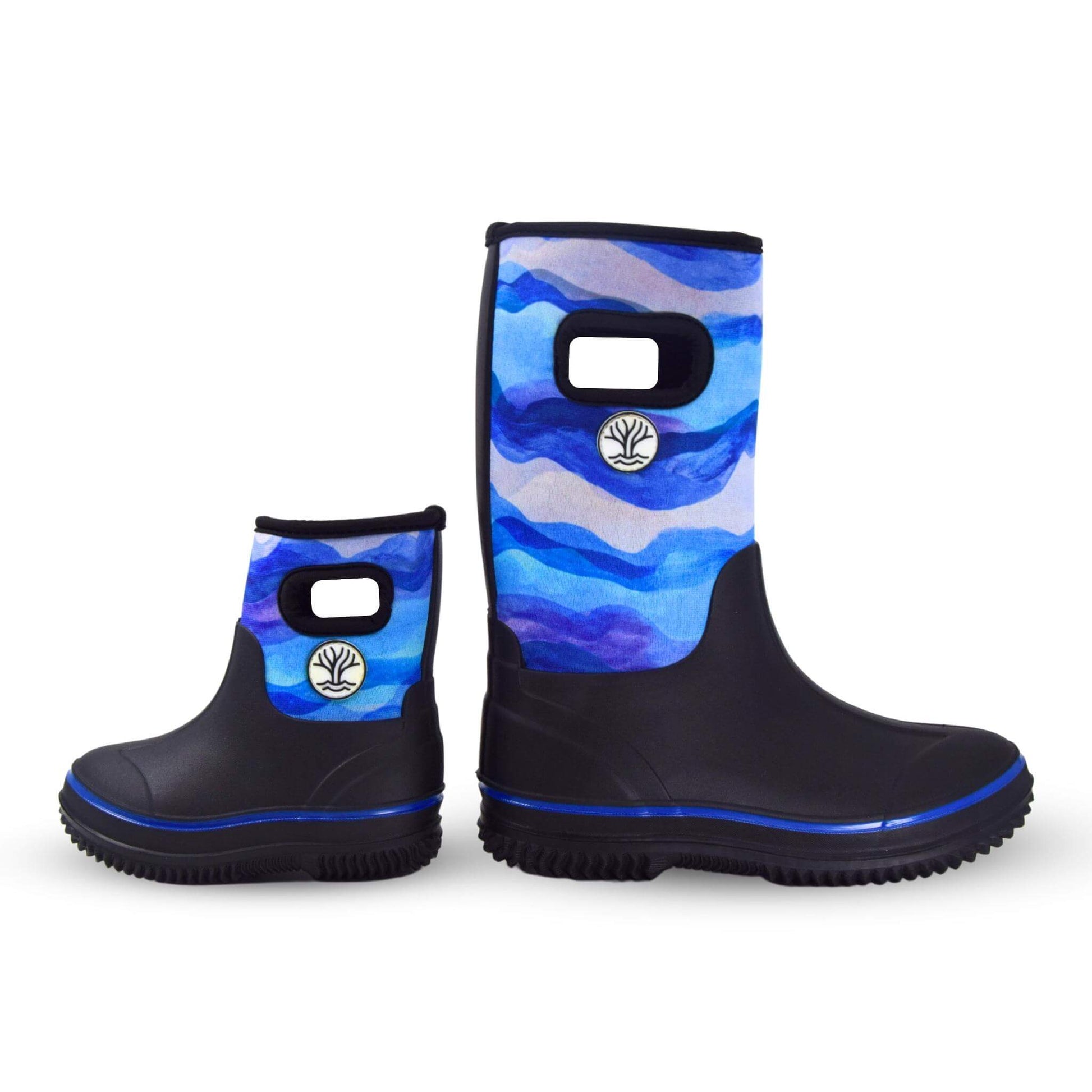 Wavetree Gumboot made of neoprene with blue wave design. Pair of waterproof rain boots.