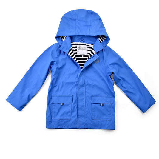 The front of a Blue Raincoat with stripy lining