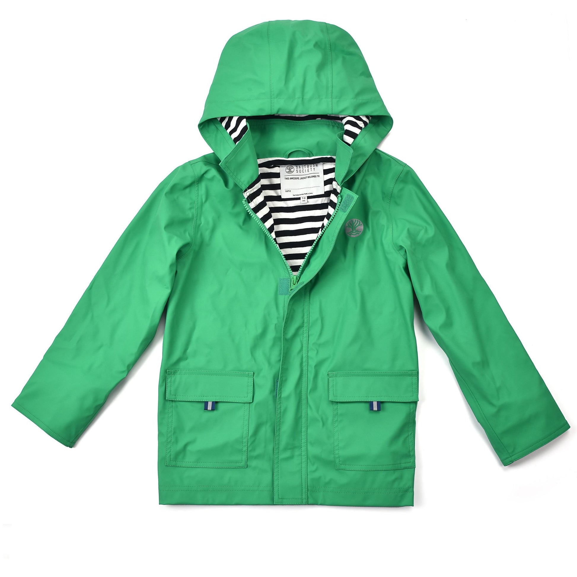 The front of a Green Raincoat with stripy lining