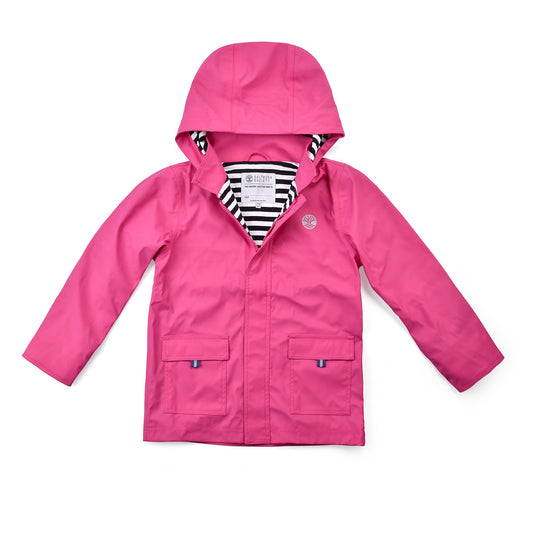 The front of a Pink Raincoat with stripy lining