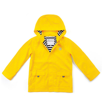 The front of a Yellow Raincoat with stripy lining